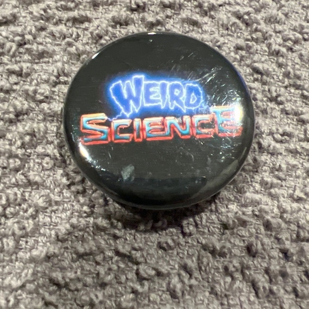 Weird Science Movie Logo Pin Back Button Retro 80s Sci-Fi Cult Classic Black